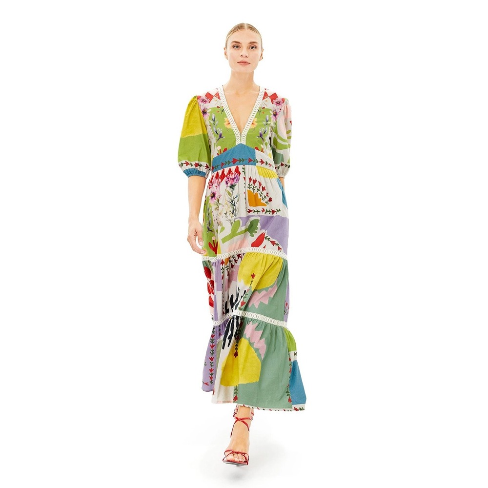 Falguni Shane Peacock Doodlage Tiered Patchwork‎ Floral Maxi Dress S Revolve